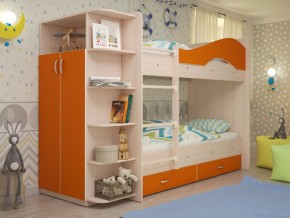 Кровать 2-х ярусная Мая с ящиками и шкафом на латофлексах оранж в Губкинском - gubkinskij.magazinmebel.ru | фото